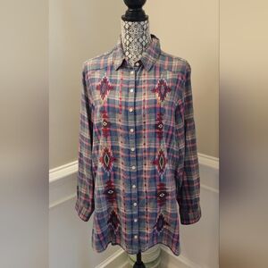 Johnny Was 3J Workshop Pinks, Blues, Plaid FlannelTunic/Top With Southwestern